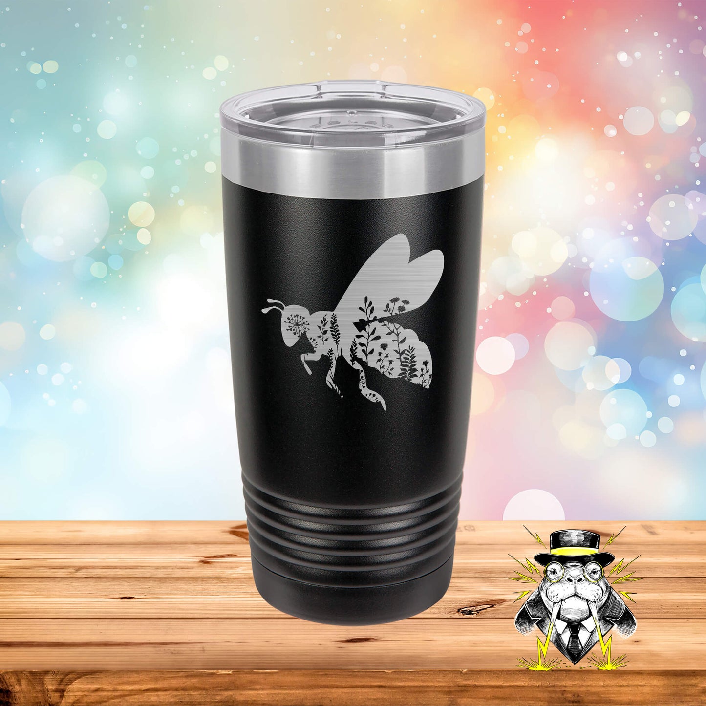 Bee Silhouette with Floral Design Engraved Tumbler