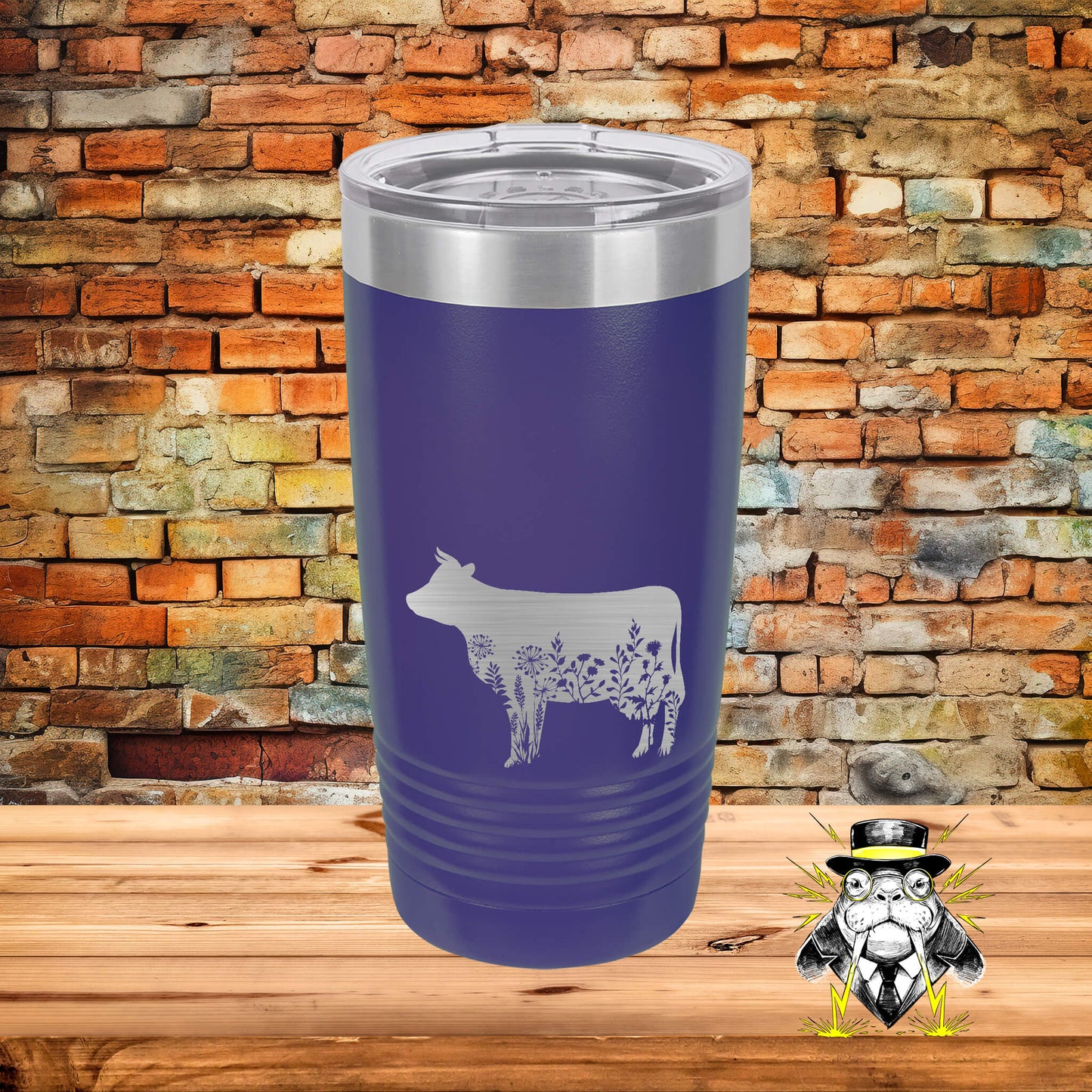 Cow Silhouette with Floral Design Engraved Tumbler