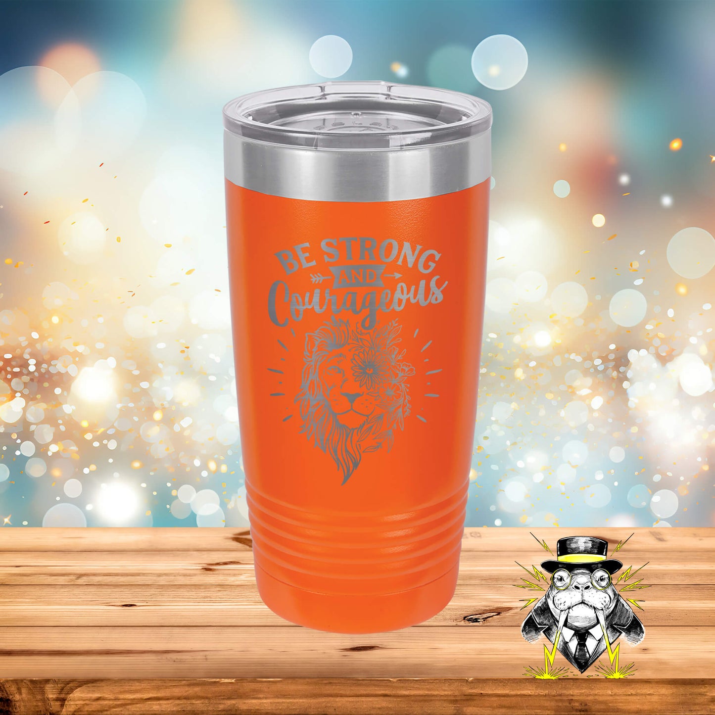 Be Strong and Courageous with Floral Lion Engraved Tumbler