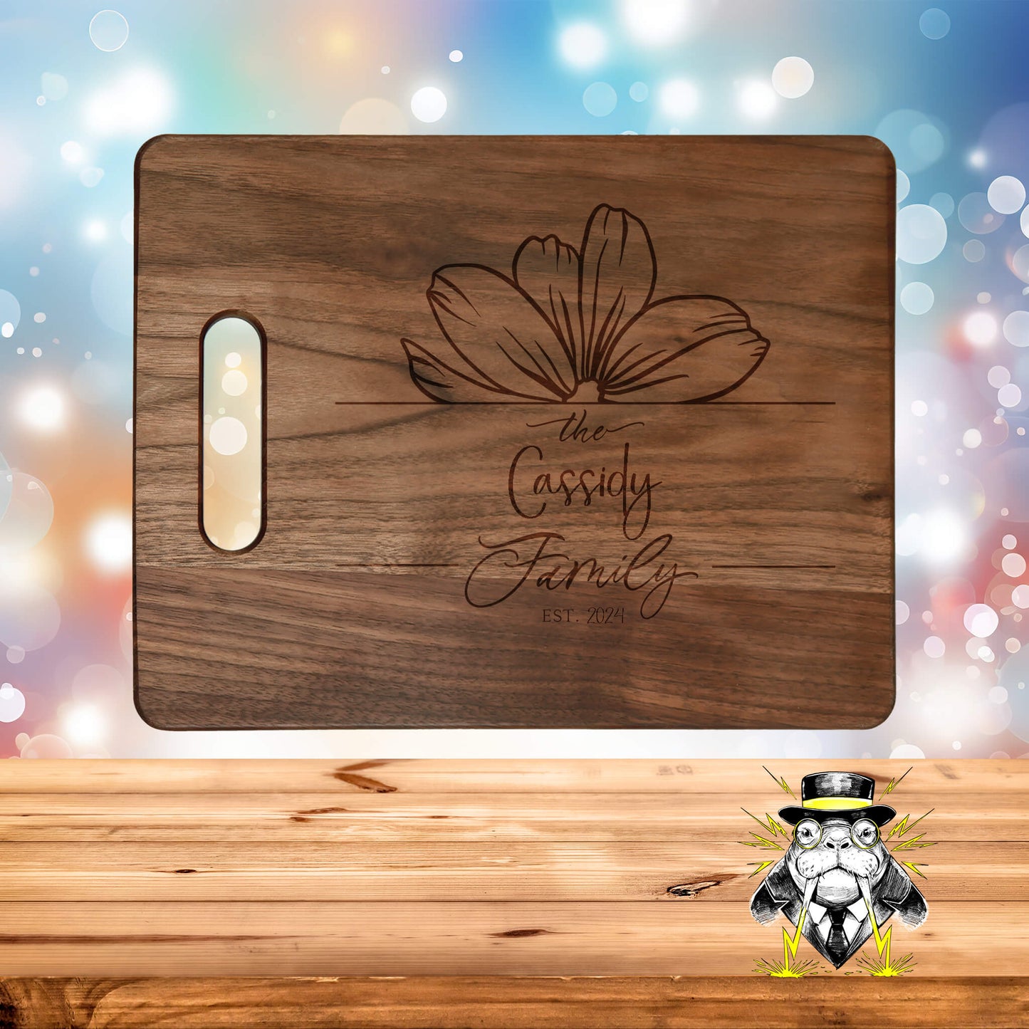 Flower Split Monogram Family Name Engraved Cutting Board