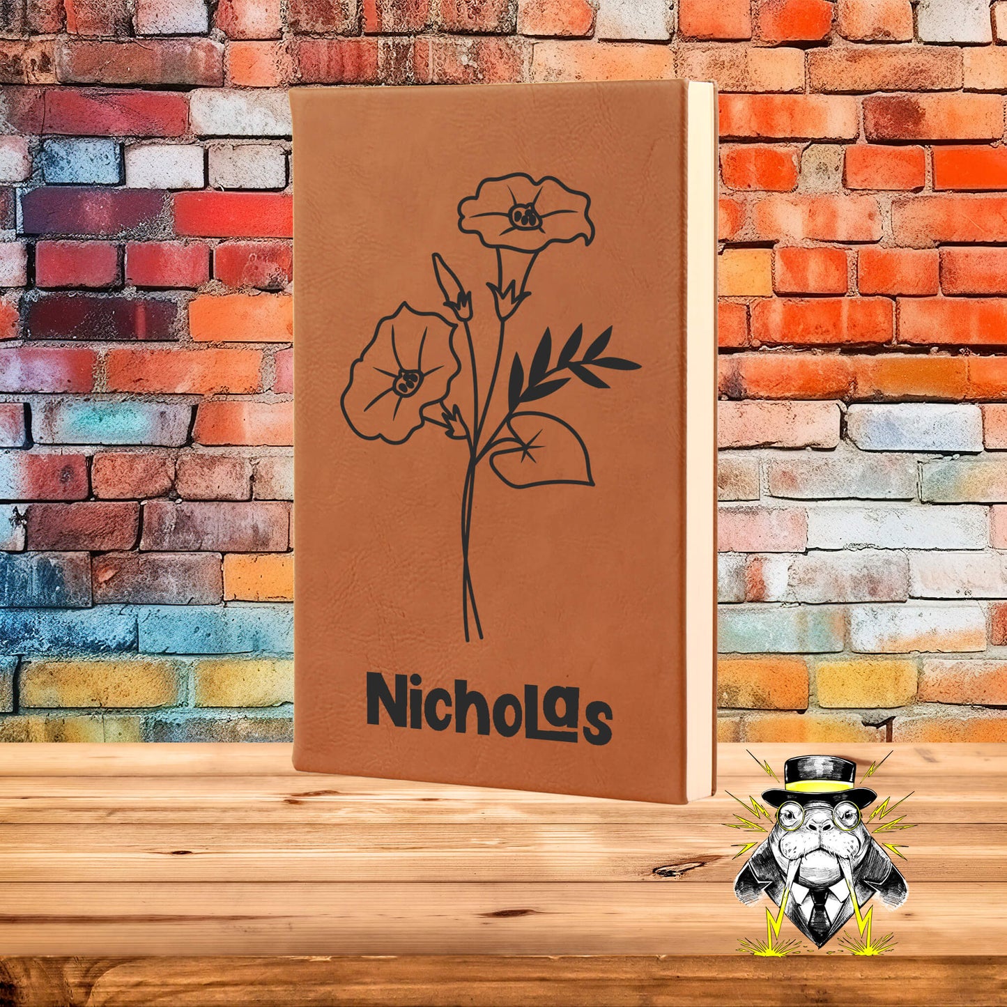 September Birth Flower Morning Glory with Name Engraved Leatherette Journal
