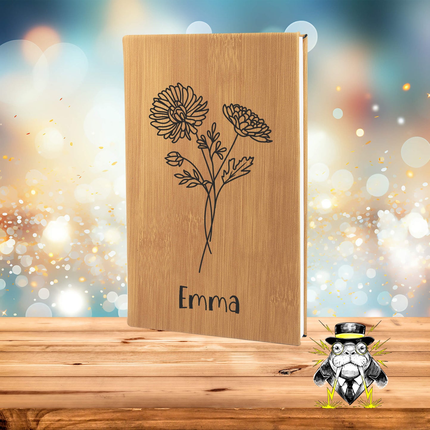 November Birth Flower Chrysanthemum with Name Engraved Leatherette Journal