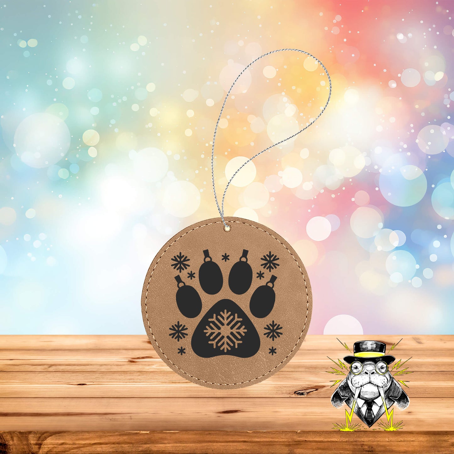 Snowflake Paw Print Engraved Leatherette Ornament