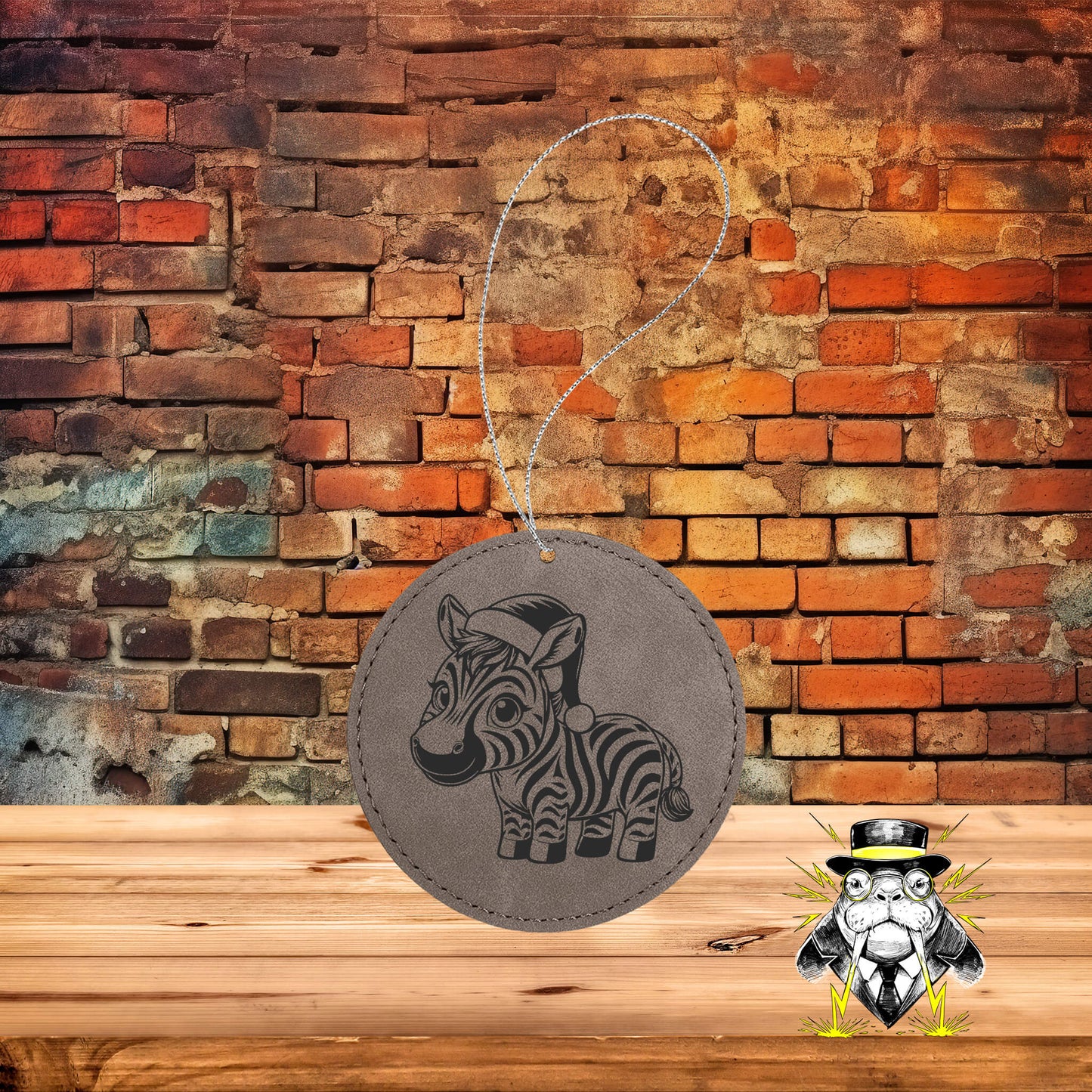 Zebra in Santa Hat Engraved Leatherette Ornament