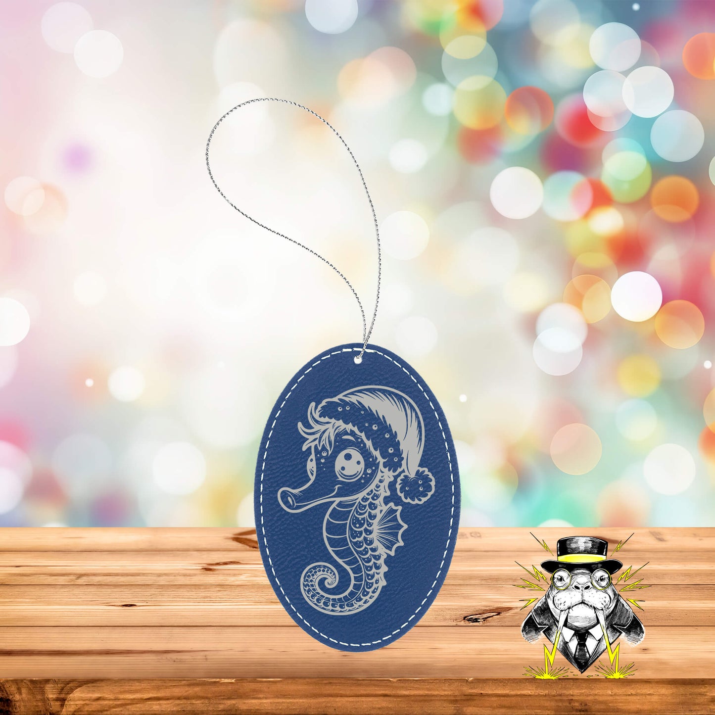 Seahorse in Santa Hat Engraved Leatherette Ornament
