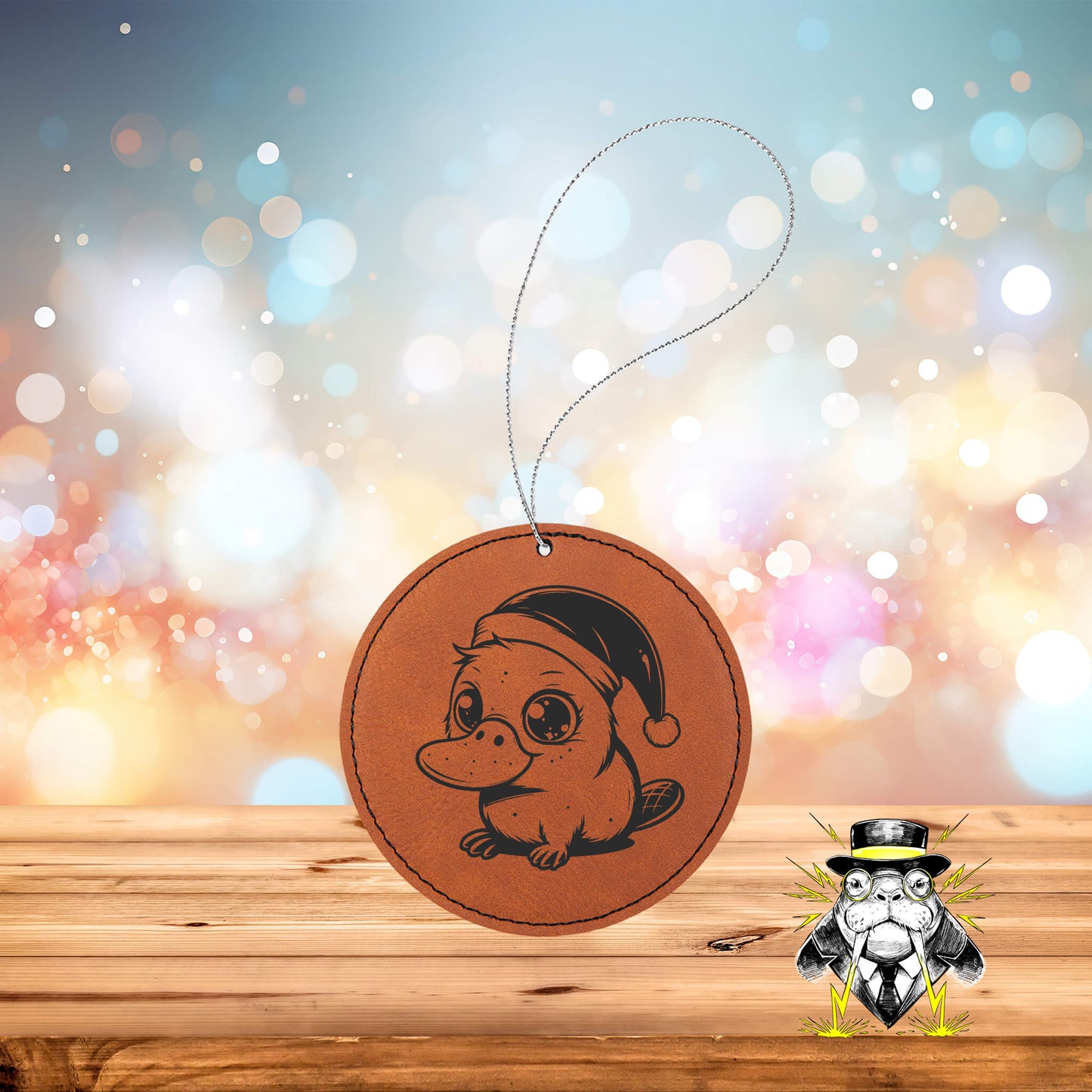 Platypus in Santa Hat Engraved Leatherette Ornament