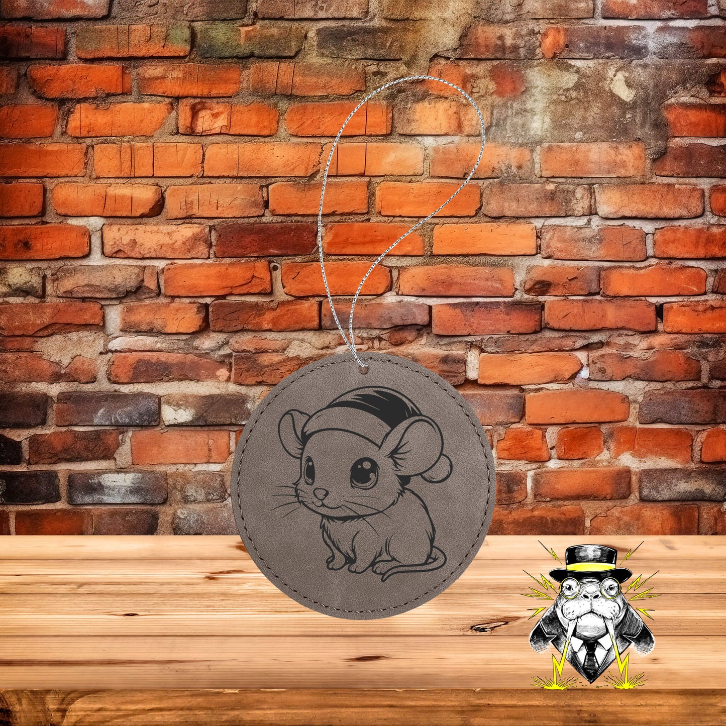 Mouse in Santa Hat Engraved Leatherette Ornament