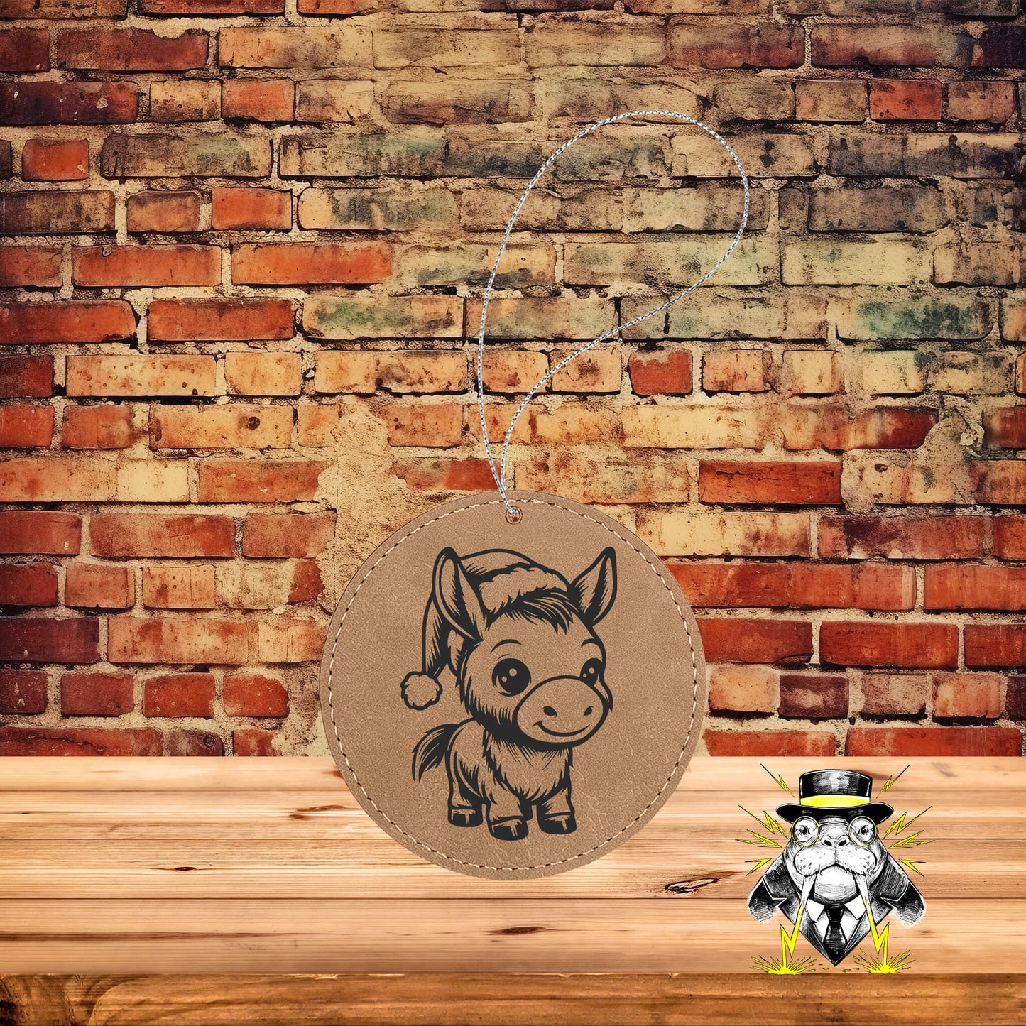 Donkey in Santa Hat Engraved Leatherette Ornament