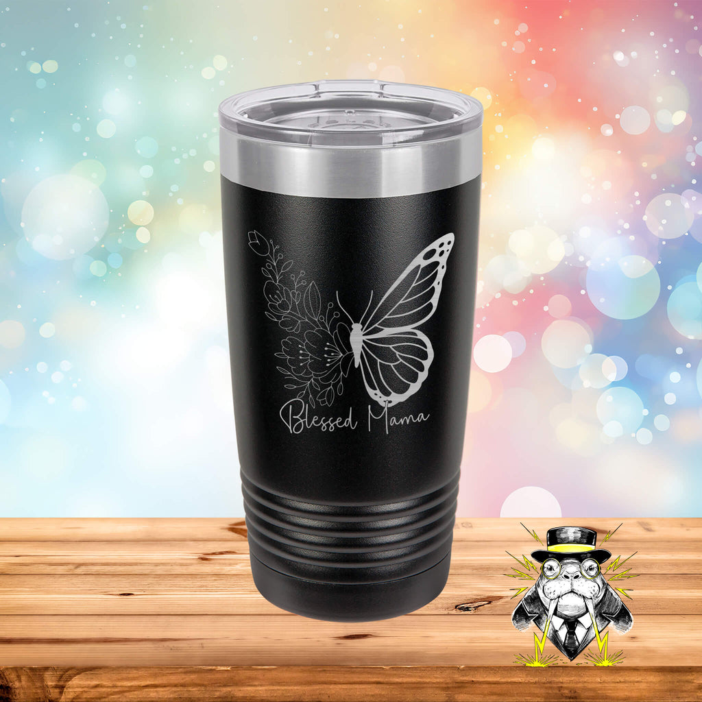 Blessed Mama with Floral Butterfly Engraved Tumbler