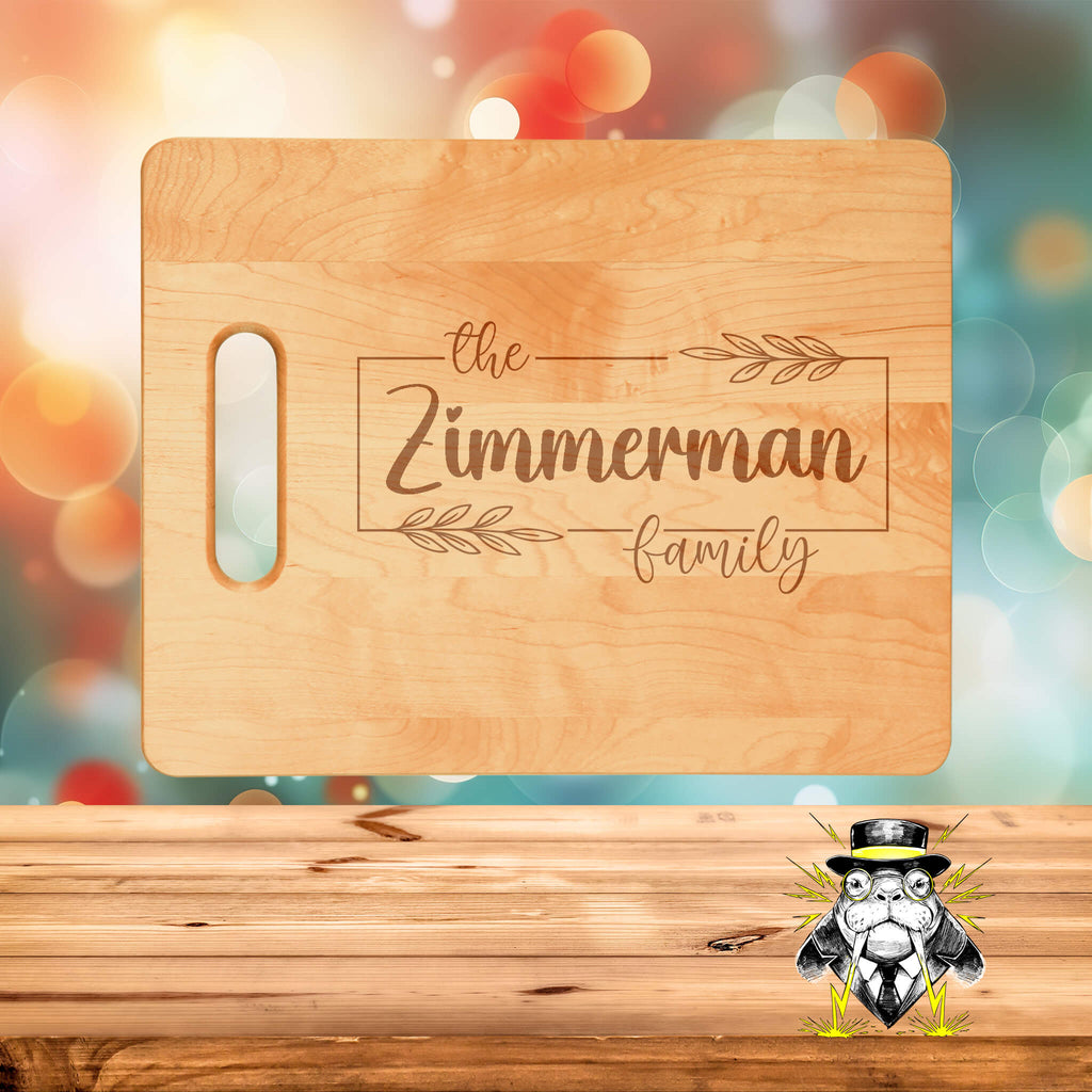 Boxed Leaf Family Name Engraved Cutting Board