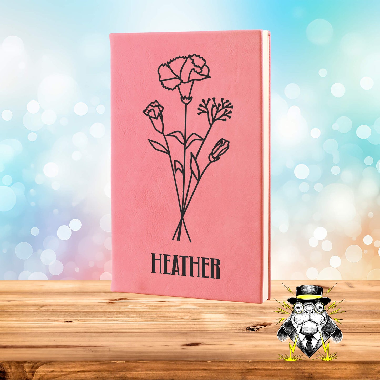 January Birth Flower Carnation with Name Engraved Leatherette Journal