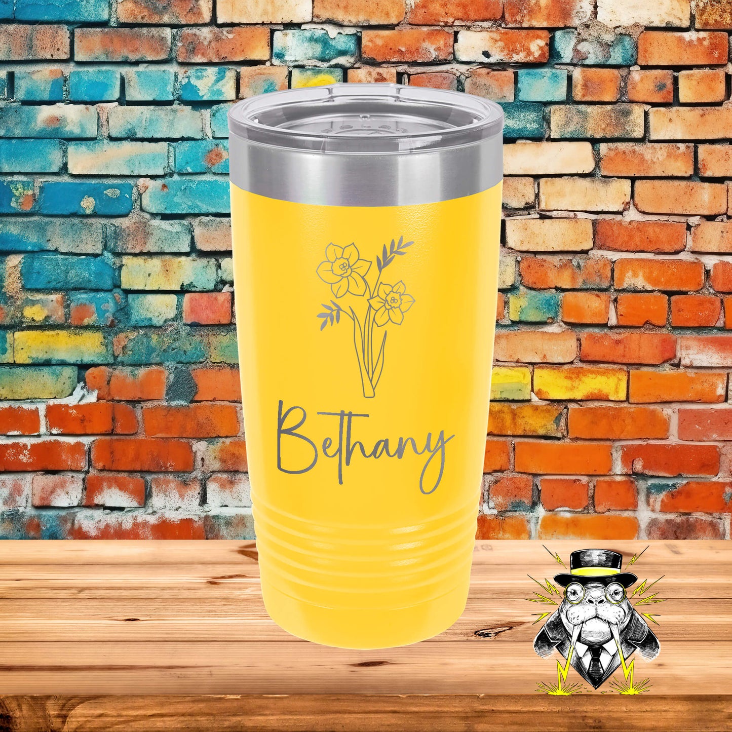 March Birth Flower Daffodil with Name Engraved Tumbler