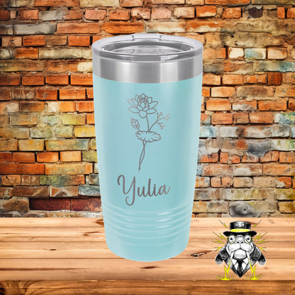 July Birth Flower Water Lily with Name Engraved Tumbler