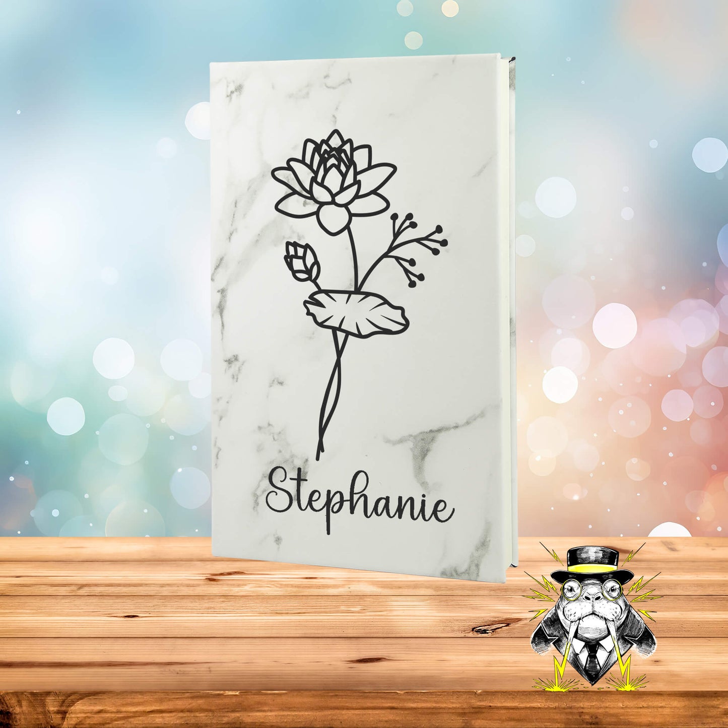 July Birth Flower Water Lily with Name Engraved Leatherette Journal