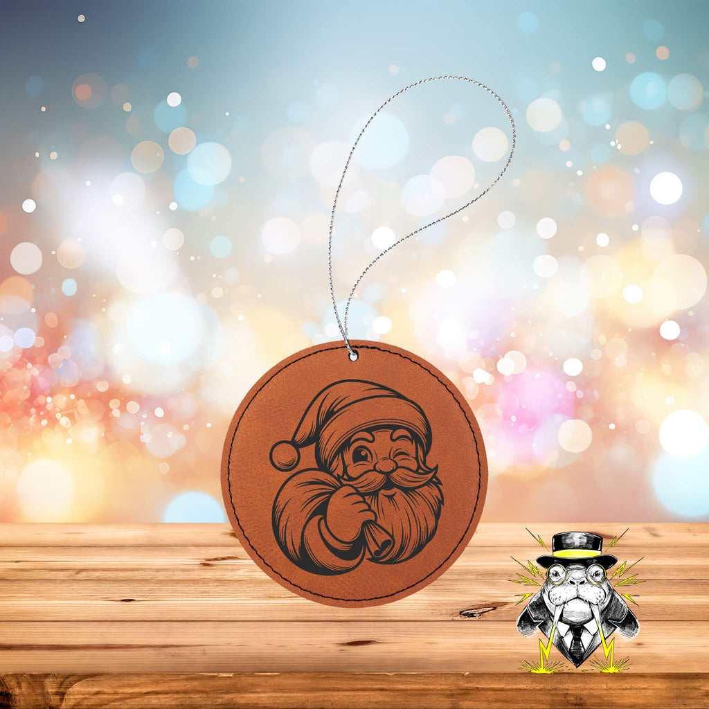 Winking Santa Engraved Leatherette Ornament