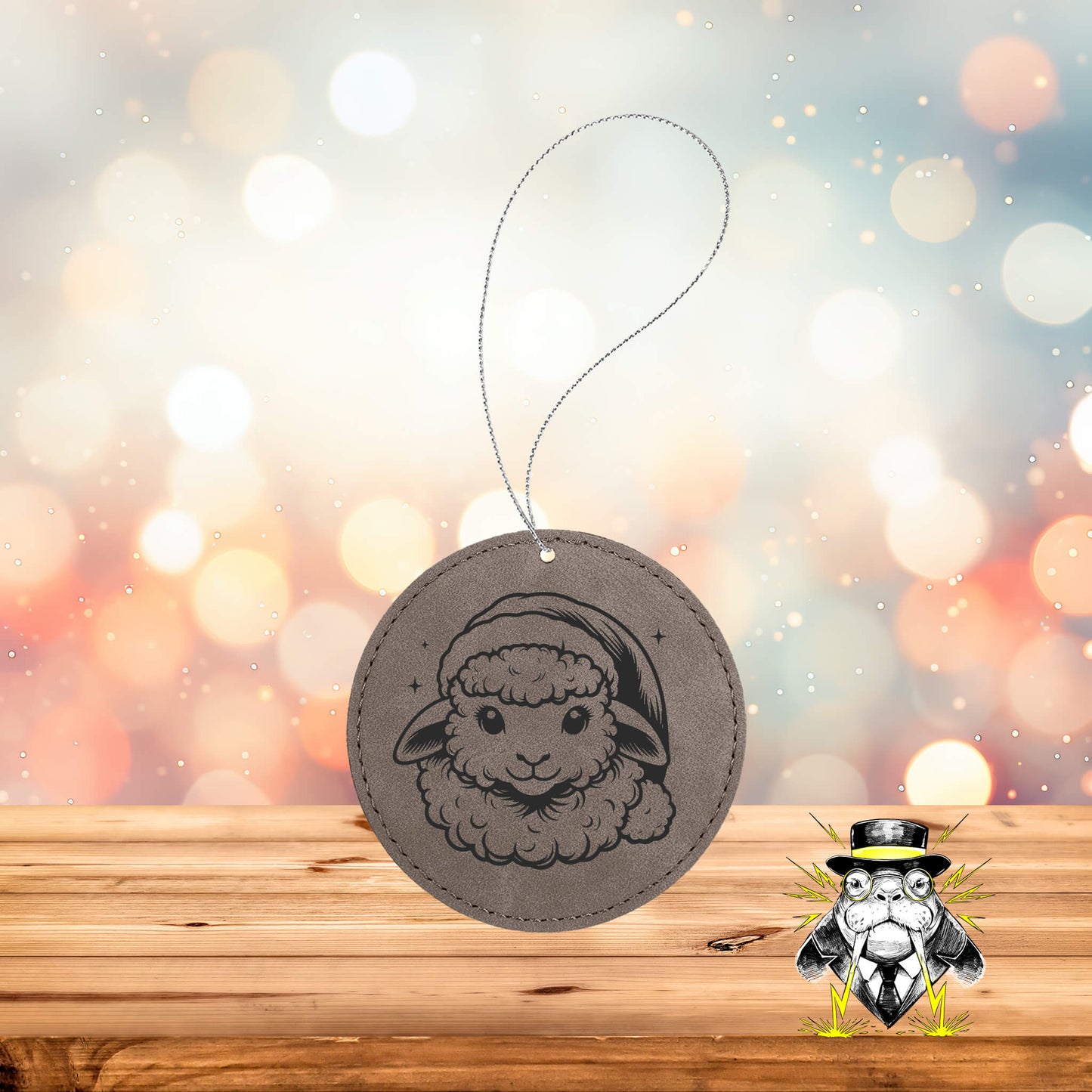 Sheep in Santa Hat Engraved Leatherette Ornament