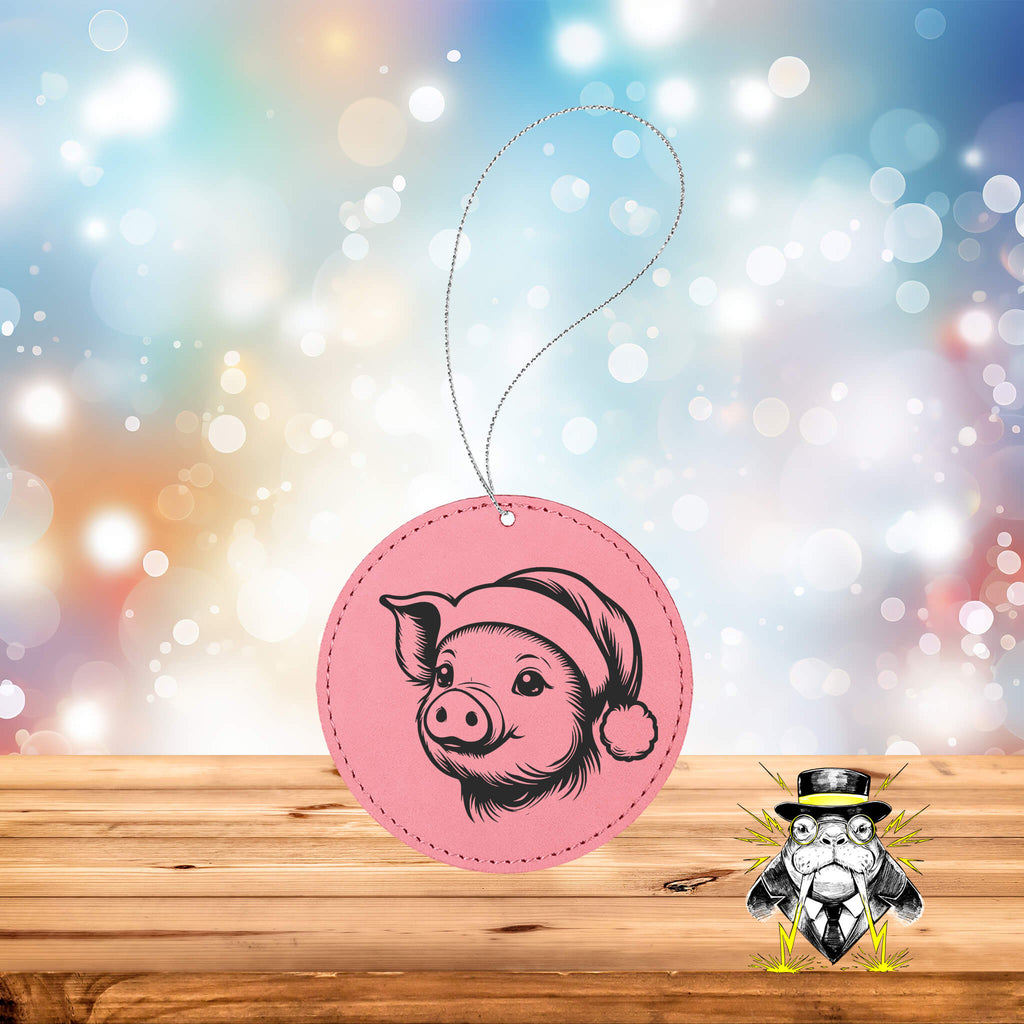 Pig in Santa Hat Engraved Leatherette Ornament