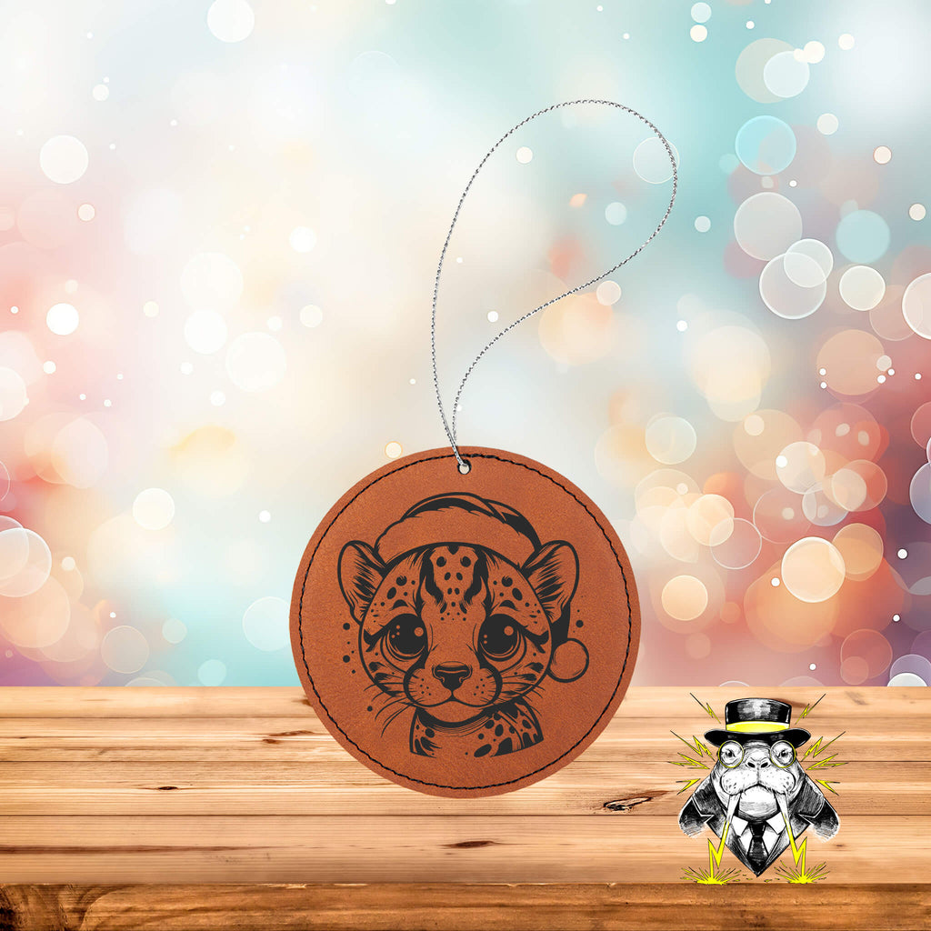 Cheetah in Santa Hat Engraved Leatherette Ornament