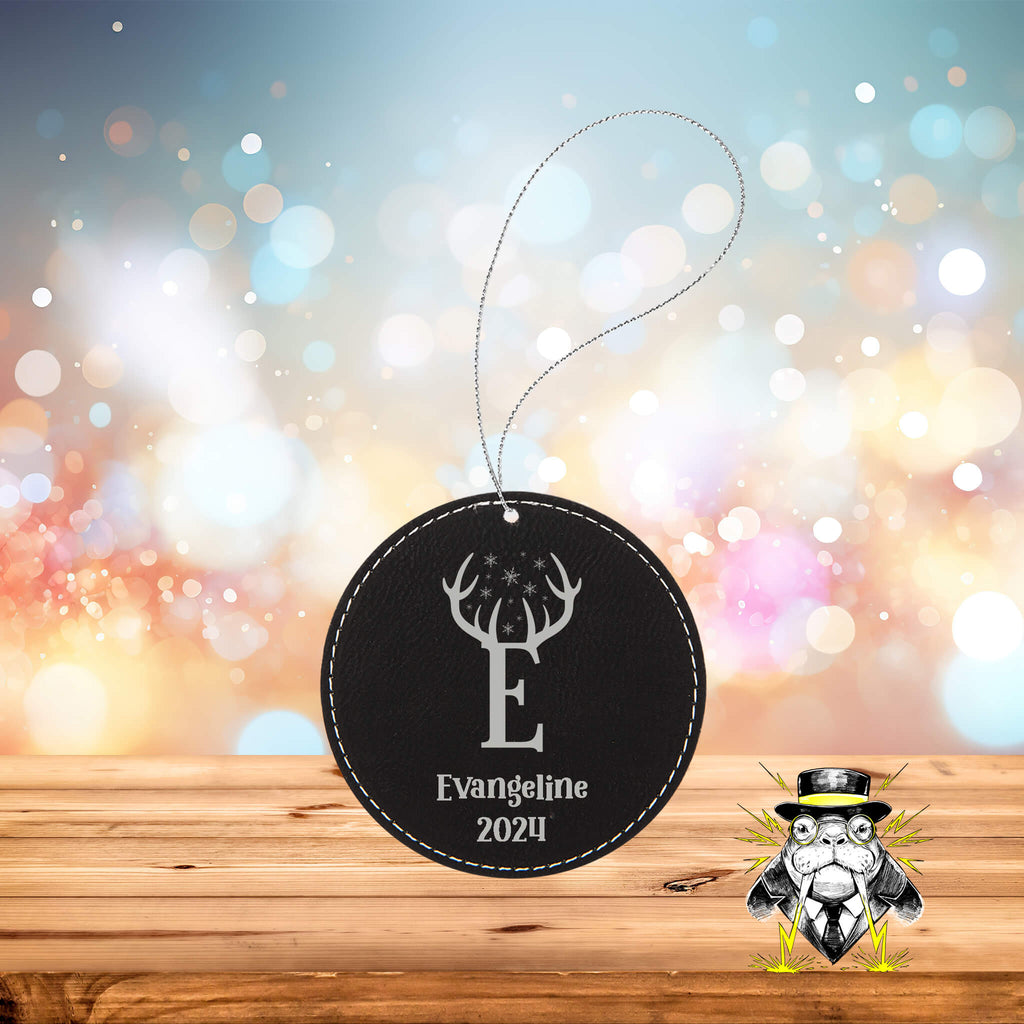 Reindeer Letter with Name Engraved Leatherette Ornament