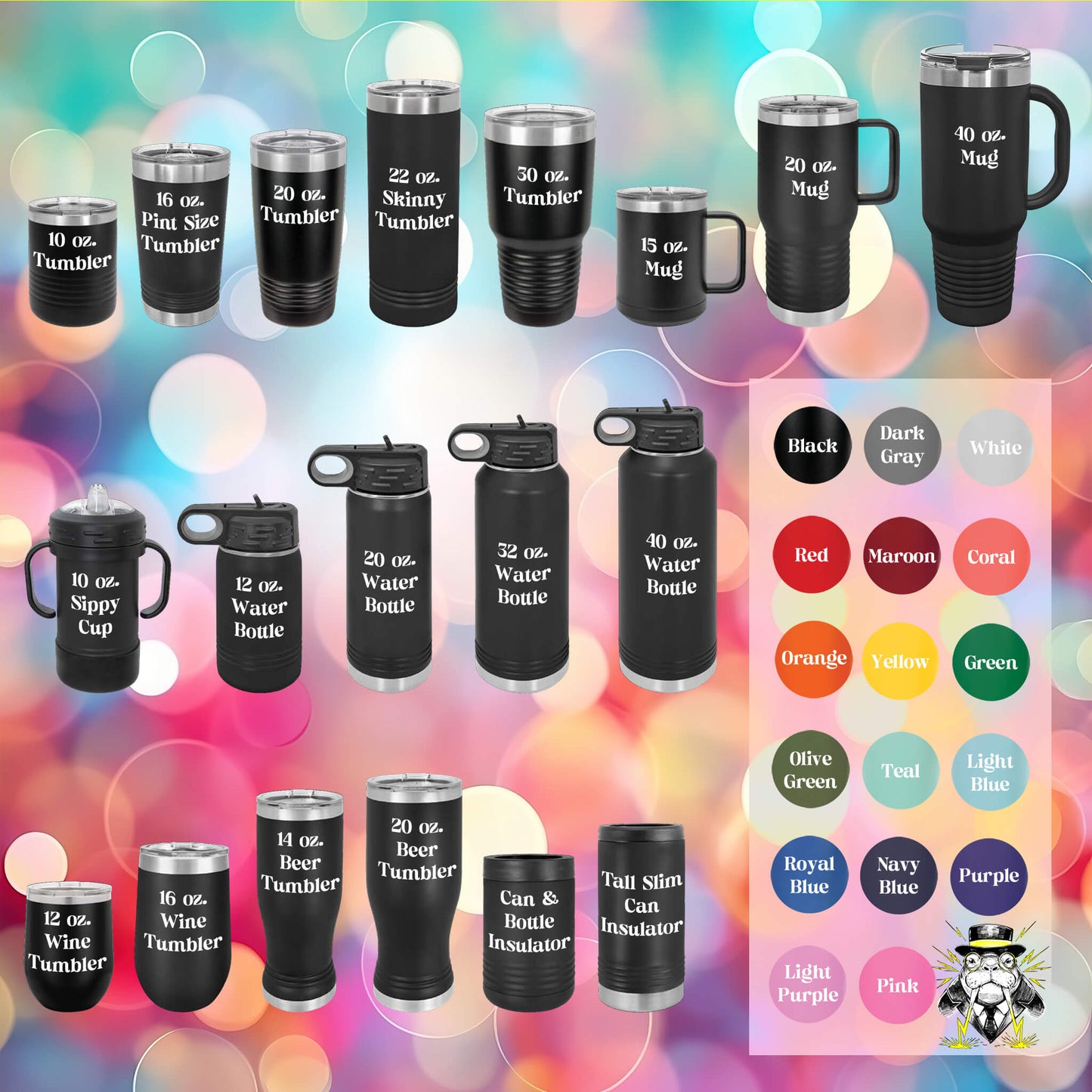 All 19 drinkware options in black labeled with their sizes. Includes all 17 color options as dots.