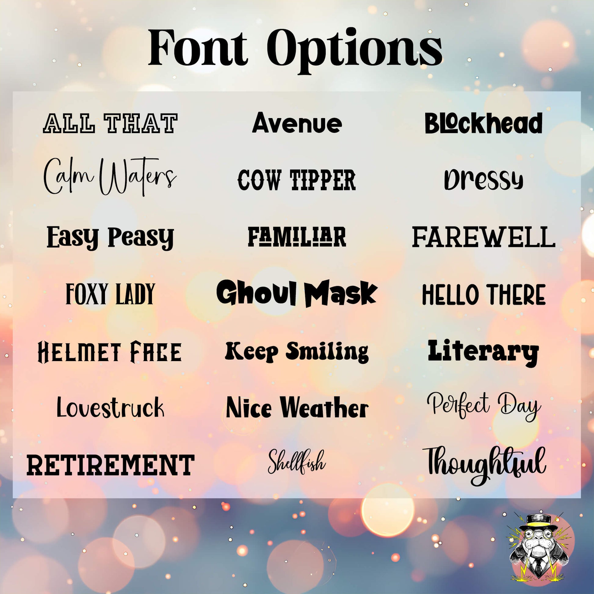 All 21 font options shown in their respective fonts.