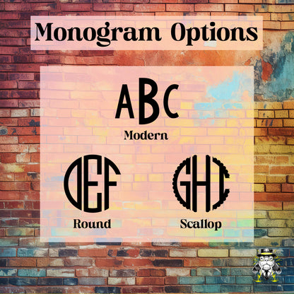 Monogram font options: modern, round, and scallop